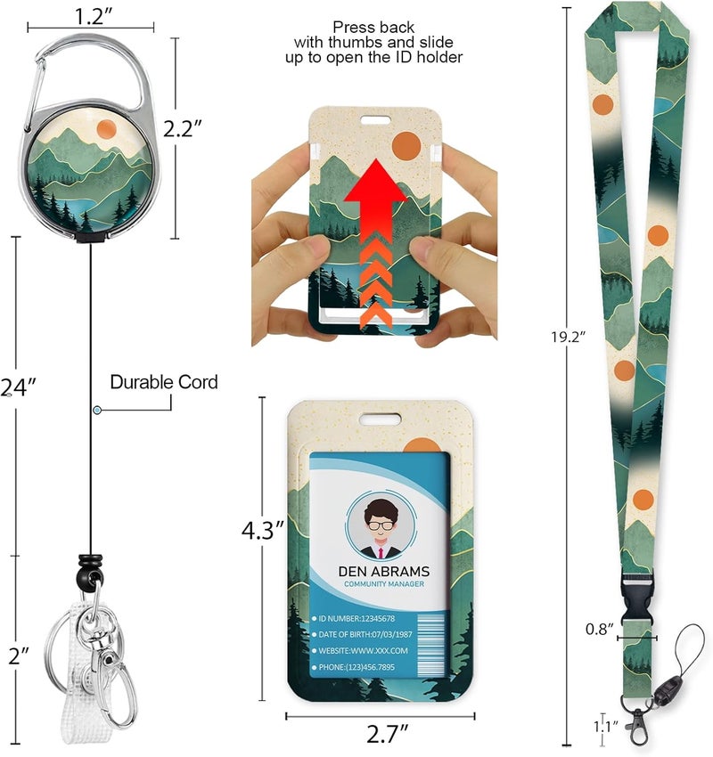 Piefly Lanyards for Id Badges, Badge Holder with Retractable Reel Clip, Sunrise Sunset Mountain Tree Card Name Tag Lanyard, Vertical ID Card Protector for Women Nurse Doctor Teacher Student - Image 5